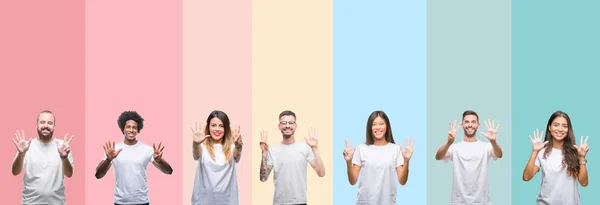 Collage Van Verschillende Etniciteit Jongeren Dragen Witte Shirt Kleurrijke Geïsoleerde — Stockfoto