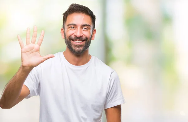 孤立した背景表示と指で上向きに成人ヒスパニック男性数は自信を持って 幸せな笑みを浮かべている間 — ストック写真