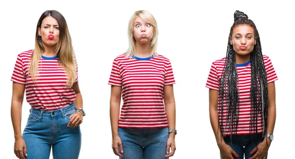 Collage Giovani Donne Che Indossano Strisce Shirt Sfondo Isolato Sbuffare — Foto Stock