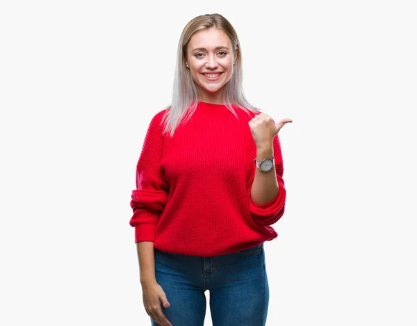 Young Blonde Woman Wearing Winter Sweater Isolated Background Smiling Happy — Stock Photo, Image