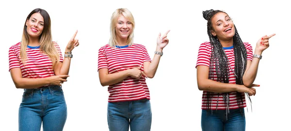 Collage Van Jonge Vrouwen Dragen Strepen Shirt Geïsoleerde Achtergrond Met — Stockfoto