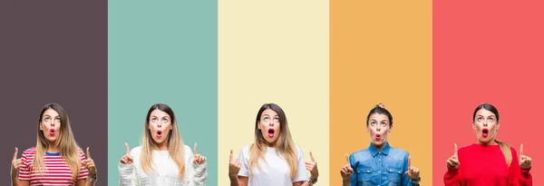 Коллаж Молодой Красивой Женщины Цветном Винтажном Изолированном Фоне Поражен Удивлен — стоковое фото