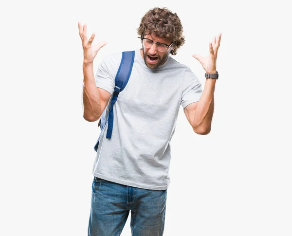 Hombre Estudiante Hispano Guapo Usando Mochila Gafas Sobre Fondo Aislado —  Fotos de Stock