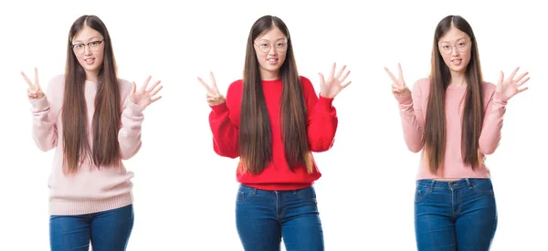 Koláž Mladé Krásné Čínské Ženy Izolované Pozadí Zobrazení Ukázal Prsty — Stock fotografie