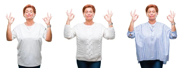 中年老年妇女的拼贴画在白色孤立的背景放松和微笑闭着眼睛做冥想手势用手指 瑜伽概念 — 图库照片