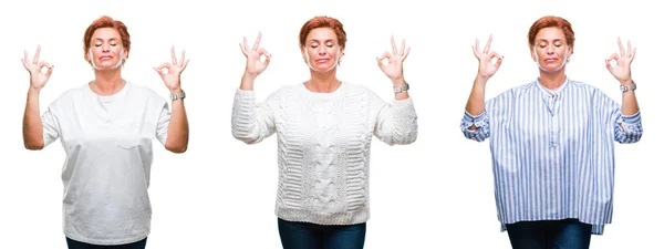 Collage Mujer Mayor Mediana Edad Sobre Fondo Blanco Aislado Relajarse —  Fotos de Stock