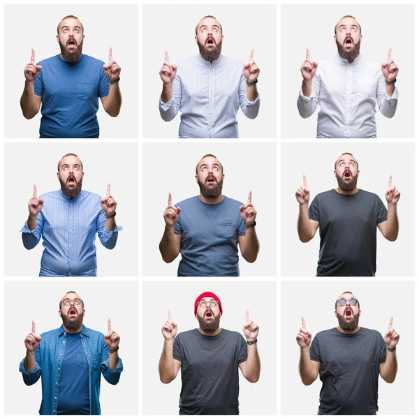 Collage Young Man Isolated Background Amazed Surprised Looking Pointing Fingers — Stock Photo, Image