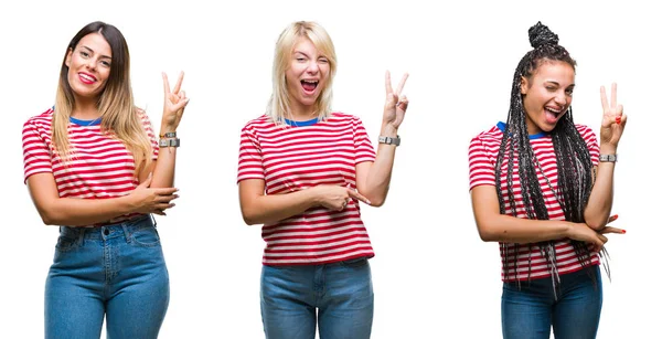 Collage Young Women Wearing Stripes Shirt Isolated Background Smiling Happy — Stock Photo, Image