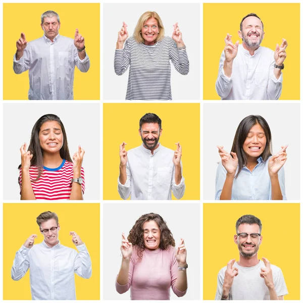 希望と目を閉じて交差指の笑みを浮かべて隔離された背景が黄色以上人の若者やシニアのグループのコラージュ 運と迷信的な概念 — ストック写真