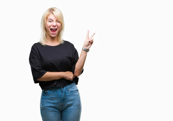 Young Beautiful Blonde Woman Isolated Background Smiling Happy Face Winking — Stock Photo, Image