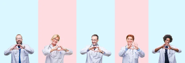 Grup Uzmanları Doktorlar Kalp Simgesi Elleriyle Şekil Gösterilen Aşık Gülümseyen — Stok fotoğraf