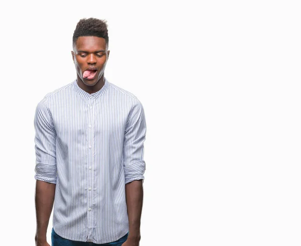 Unga Afroamerikanska Mannen Över Isolerade Bakgrund Fast Tunga Nöjd Med — Stockfoto