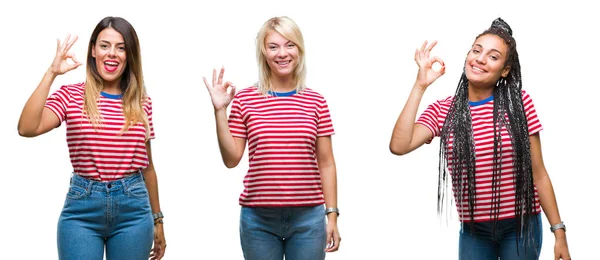 Colagem Mulheres Jovens Vestindo Listras Camiseta Sobre Fundo Isolado Sorrindo — Fotografia de Stock