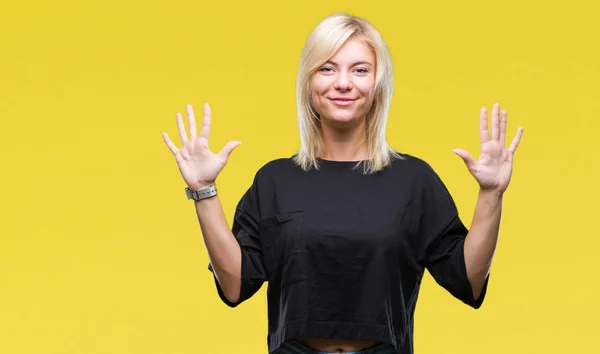 Молода Красива Блондинка Ізольованому Фоні Показуючи Вказуючи Пальцями Номер Десять — стокове фото