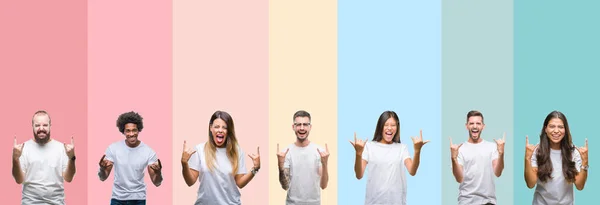 Collage Van Verschillende Etniciteit Jongeren Dragen Witte Shirt Kleurrijke Geïsoleerde — Stockfoto