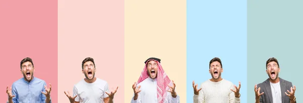 Collage Handsome Young Man Colorful Stripes Isolated Background Crazy Mad — Stock Photo, Image