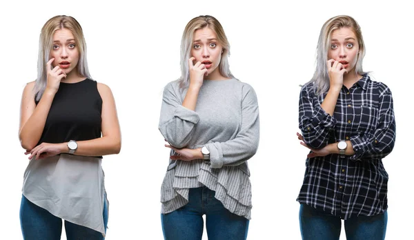 Collage Vacker Blond Ung Kvinna Över Isolerade Bakgrund Ser Stressad — Stockfoto