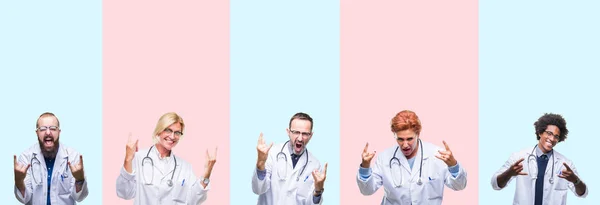 Collage Group Professionals Doctors Wearing Medical Uniform Isolated Background Shouting — Stock Photo, Image