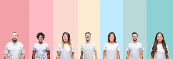 Collage Verschiedener Ethnischer Gruppen Junger Menschen Weißem Shirt Vor Buntem — Stockfoto