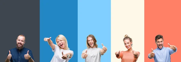 Collage Jóvenes Casuales Sobre Rayas Coloridas Fondo Aislado Aprobando Hacer —  Fotos de Stock