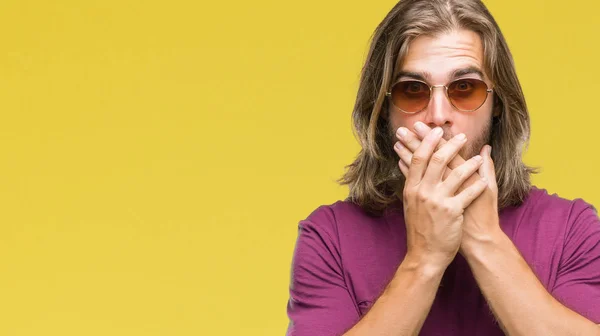 Young Handsome Man Long Hair Wearing Sunglasses Isolated Background Shocked — Stock Photo, Image