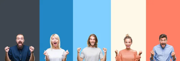 Collage Jeunes Décontractés Sur Fond Isolé Rayures Colorées Célébrant Surpris — Photo