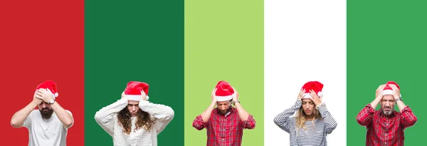 Collage Group People Wearing Christmas Hat White Green Isolated Background — Stock Photo, Image