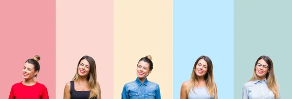 Collage Mujer Hermosa Joven Sobre Rayas Colores Fondo Aislado Guiño — Foto de Stock