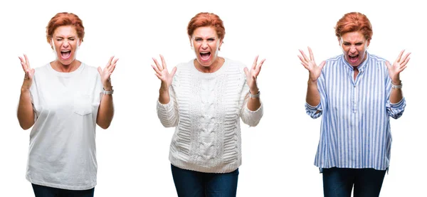 Collage Medelåldern Senior Kvinna Över Vit Isolerade Bakgrund Firar Arg — Stockfoto
