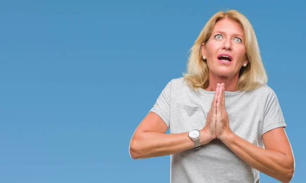 Middle Age Blonde Woman Isolated Background Begging Praying Hands Together — Stock Photo, Image