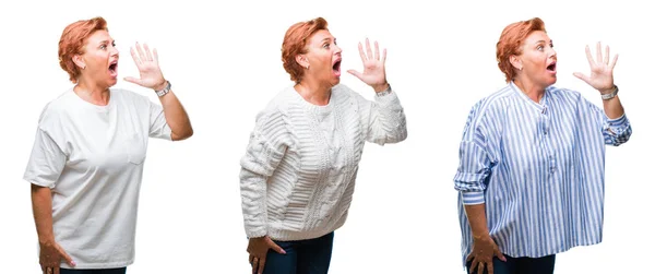 Collage Mujer Mayor Mediana Edad Sobre Fondo Blanco Aislado Gritando — Foto de Stock