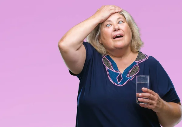 Senior Size Caucasian Woman Drinking Glass Water Isolated Background Stressed — Stock Photo, Image