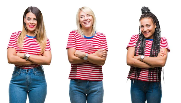 Collage Mujeres Jóvenes Con Rayas Camiseta Sobre Fondo Aislado Cara — Foto de Stock