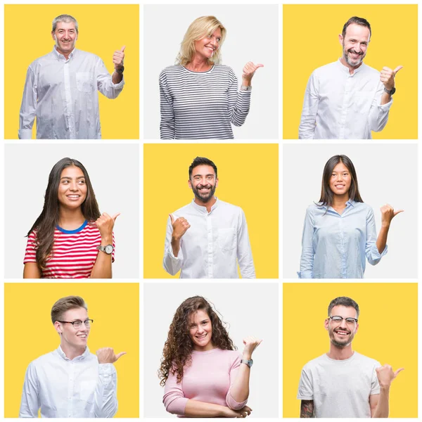 Collage Grupo Jóvenes Personas Mayores Sobre Fondo Aislado Amarillo Sonriendo — Foto de Stock