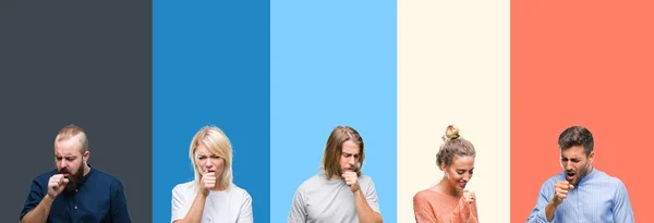 Collage Casual Young People Colorful Stripes Isolated Background Feeling Unwell — Stock Photo, Image