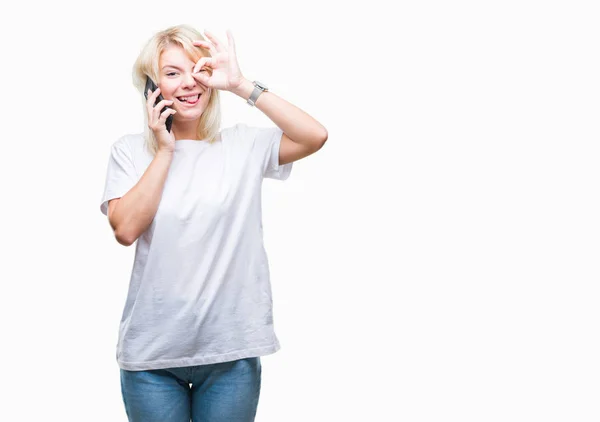 Jonge Mooie Blonde Vrouw Bellen Praten Smartphone Geïsoleerde Achtergrond Met — Stockfoto