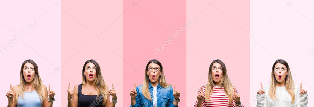 Collage of young beautiful woman over pink stripes isolated background amazed and surprised looking up and pointing with fingers and raised arms.