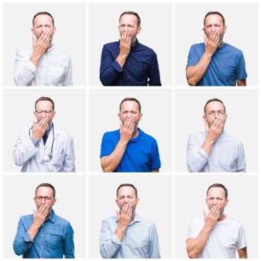 Kolaj üst düzey ağarmış zarif adam beyaz bir arka plan ağız el ile kapsayan yorgun esneme sıkılmış izole. Restless ve uyku hali.