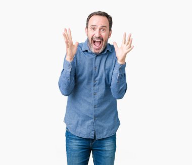 Yakışıklı orta yaş zarif üst düzey adam deli kutluyor arka plan izole ve başarı için kaldırdı kollarını açarak hayrete ve heyecanlı çığlık gözleri açık. Kazanan kavramı