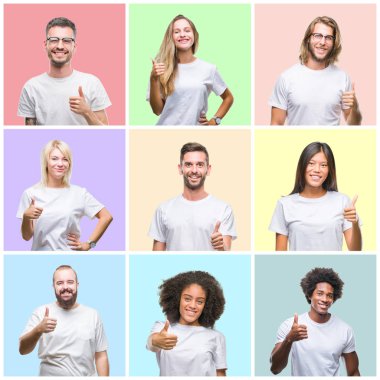 Kolaj grup insanlar, kadın ve erkek hareketi el ile mutlu yaşasın yapıyor renkli izole arka plan üzerinde. Başarı gösteren kameraya bakarak ifade onaylama.