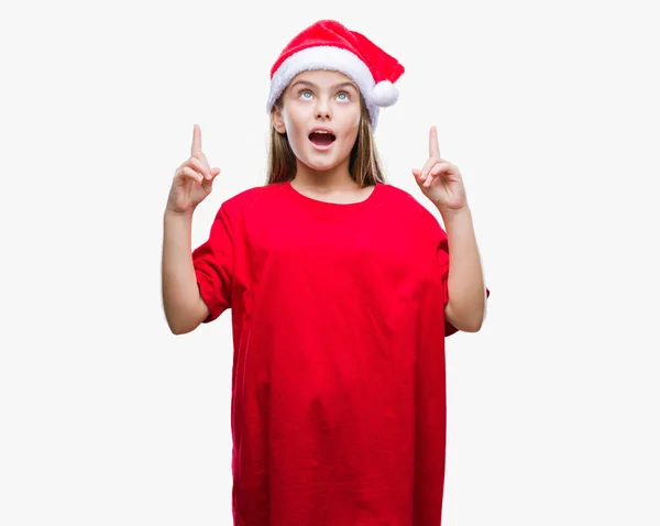 Mooi Meisje Dragen Kerstmuts Geïsoleerde Achtergrond Verbaasd Verrast Met Vingers — Stockfoto
