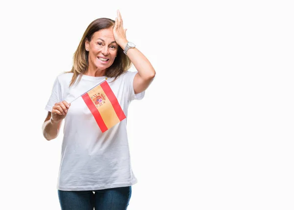 Medelåldern Spansktalande Kvinna Anläggning Flagg Över Isolerade Bakgrund Stressad Med — Stockfoto
