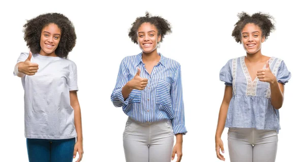 Collage Afroamerikanska Kvinnan Över Isolerade Bakgrund Gör Glad Tummen Upp — Stockfoto