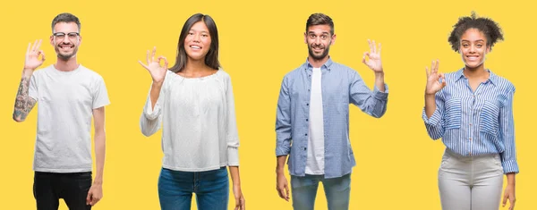 Collage Van Groep Mensen Vrouwen Mannen Kleurrijke Gele Geïsoleerde Achtergrond — Stockfoto