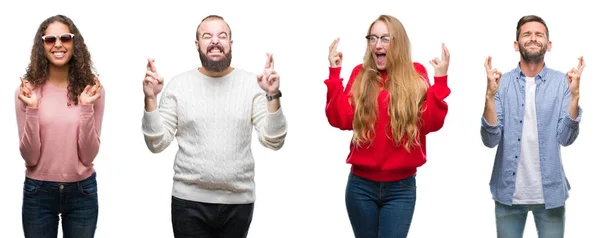 Colagem Grupo Jovens Sobre Fundo Isolado Branco Sorrindo Cruzando Dedos — Fotografia de Stock