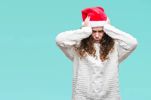 Молодая Брюнетка Рождественской Шляпе Изолированном Фоне Страдает Головной Боли Отчаянии — стоковое фото