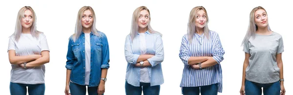 Colagem Bela Loira Jovem Sobre Fundo Isolado Sorrindo Lado Olhando — Fotografia de Stock