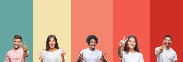 Collage Van Verschillende Etniciteit Jongeren Geïsoleerde Achtergrond Kleurrijke Strepen Glimlachend — Stockfoto