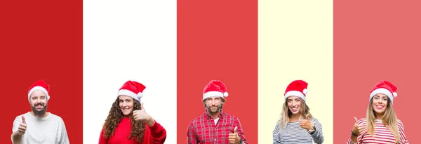 Collage Group Young People Wearing Chrismast Hat Isolated Background Doing — Stock Photo, Image