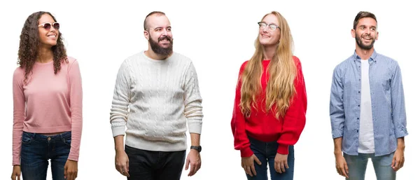 Collage Groupe Jeunes Sur Fond Blanc Isolé Regardant Côté Avec — Photo